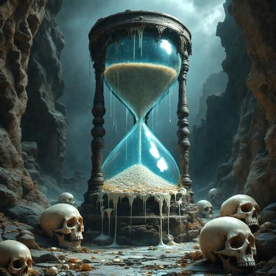 The primary subject of the image is a large, old-fashioned clock with a gold face, placed in a dark and eerie setting. The clock is surrounded by a number of skulls, which adds to the ominous atmosphere of the scene. The visual style of the image is a combination of digital art and illustration, creating a surreal and intriguing scene. The colors in the image are predominantly dark, with the gold clock and the skulls providing a contrasting element. The overall mood